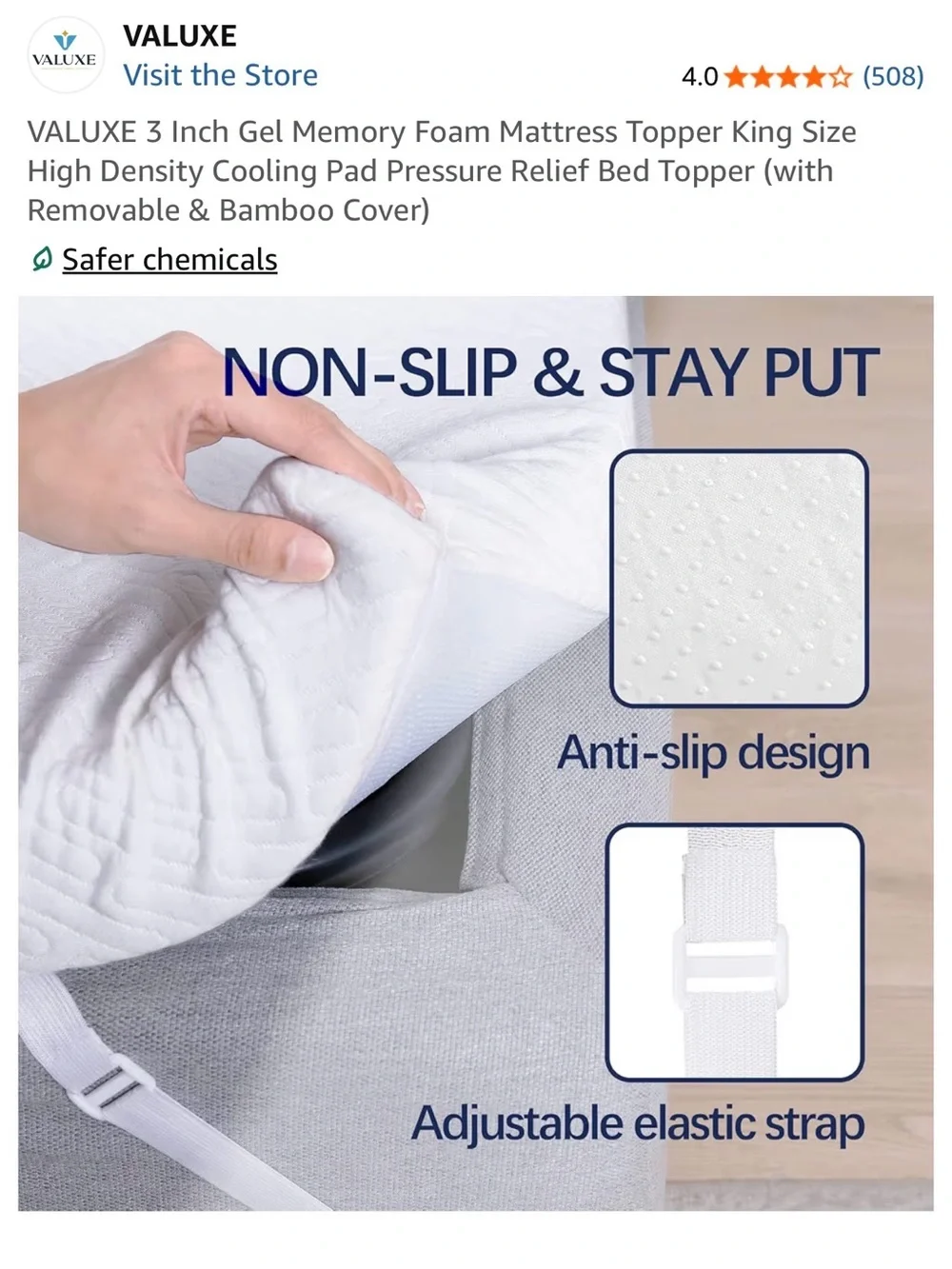 3” Gel Memory Foam Mattress Topper with Elastic Strap - King Size NIB